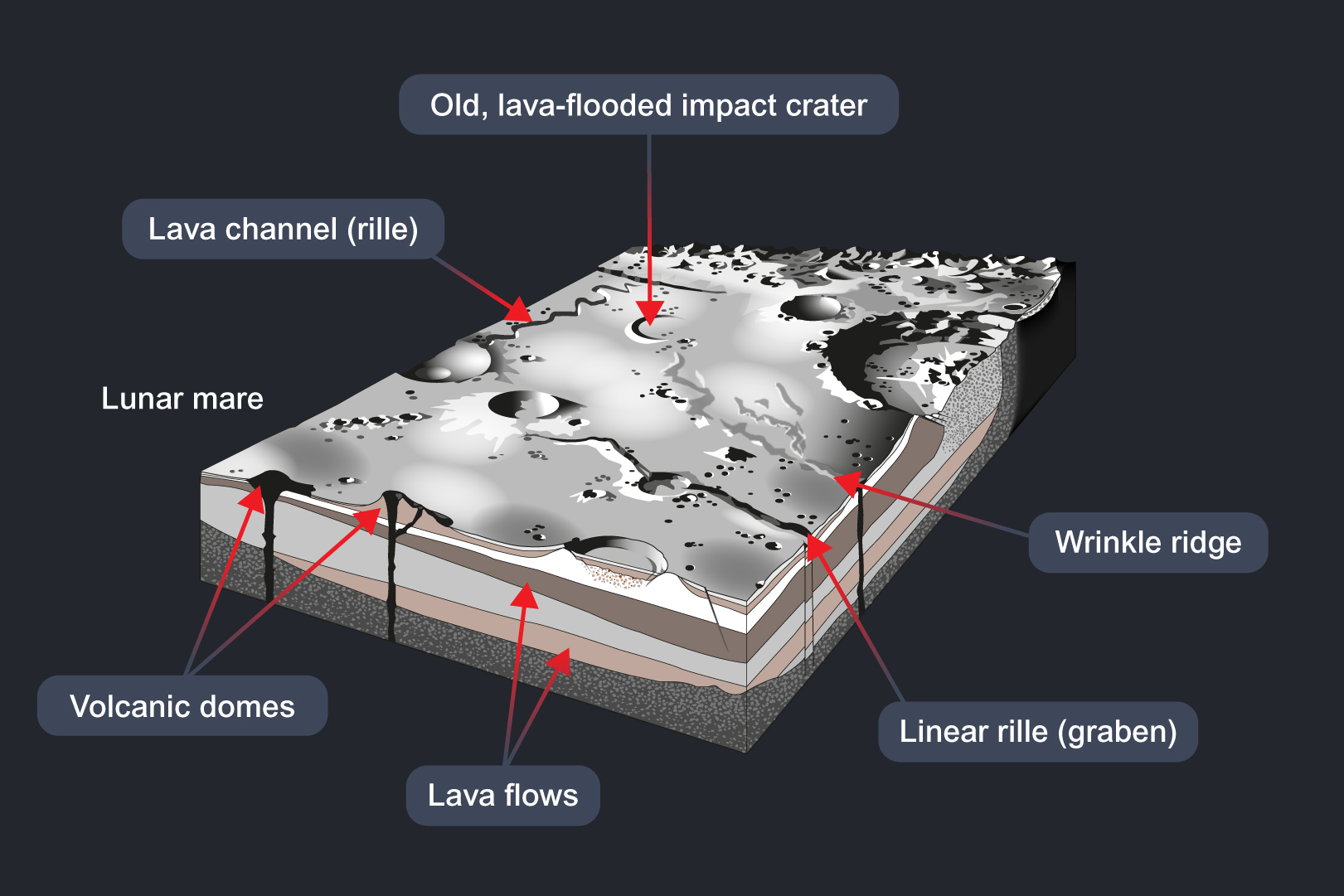 A fully labelled cross section of the surface of the Moon showing volcanic features. The labels show the old, lava-flooded impact crater. Wrinkle ridge. Linear rille (graben). Lava flows. Volcanic domes. And lava channel (rille).